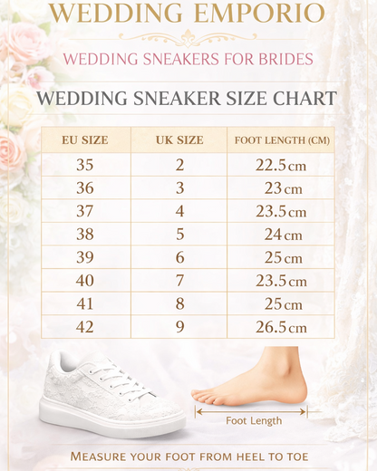 Wedding sneaker size chart for brides with foot length measurement on a decorative background.