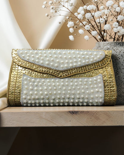 Elegant Pearl Embellished Gold Clutch Bag for Weddings & Evening Parties