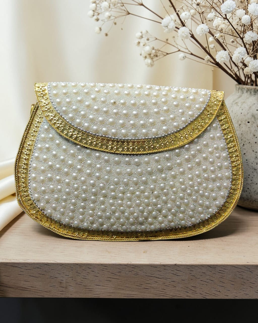 Elegant Pearl Embellished Gold Clutch Bag for Weddings & Evening Parties