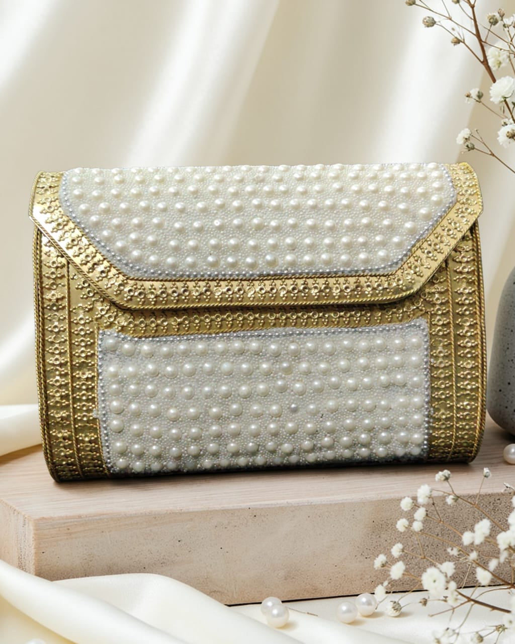 Elegant Pearl Embellished Gold Clutch Bag for Weddings & Evening Parties