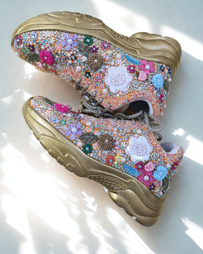 Floral Embellished Sneakers with Pearl & Beaded Detailing – Designer Statement Shoes