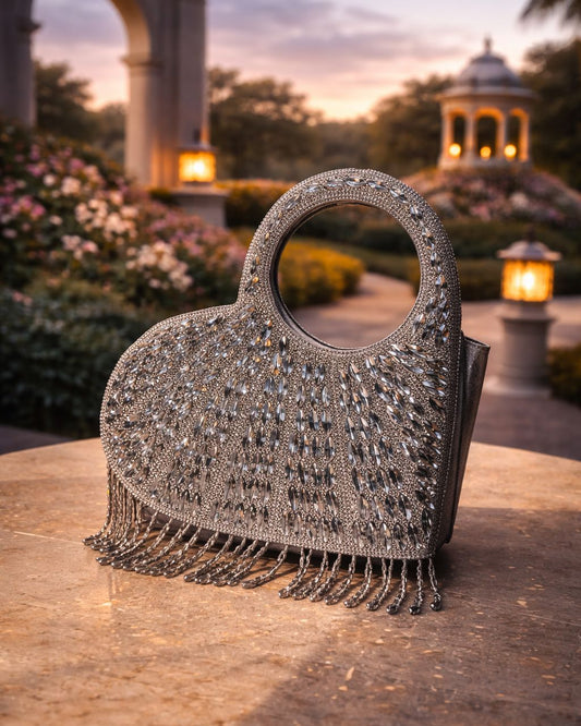 Luxury Crystal Embellished Heart-Shape Evening Clutch with Fringe – Designer Statement Handbag for Weddings & Parties