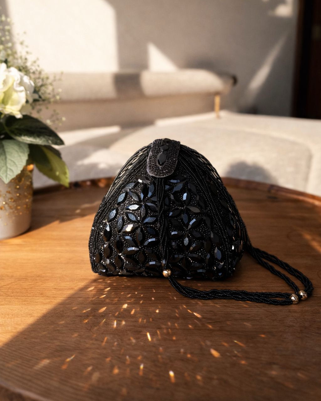 Luxury Crystal Embellished Potli Clutch with Beaded Handle