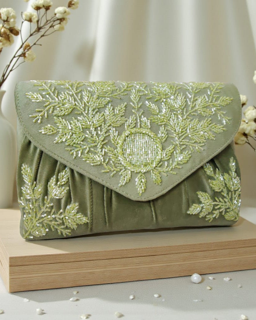Embroidered Floral Evening Clutch with Metal Handle – Elegant Designer Party & Wedding Handbag
