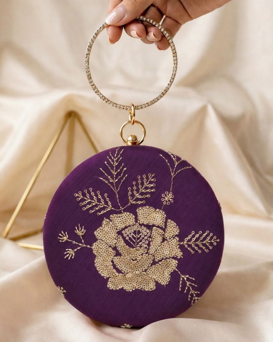Elegant Floral Embroidered Round Clutch – Handcrafted Designer Evening Party Bag with Statement Handle