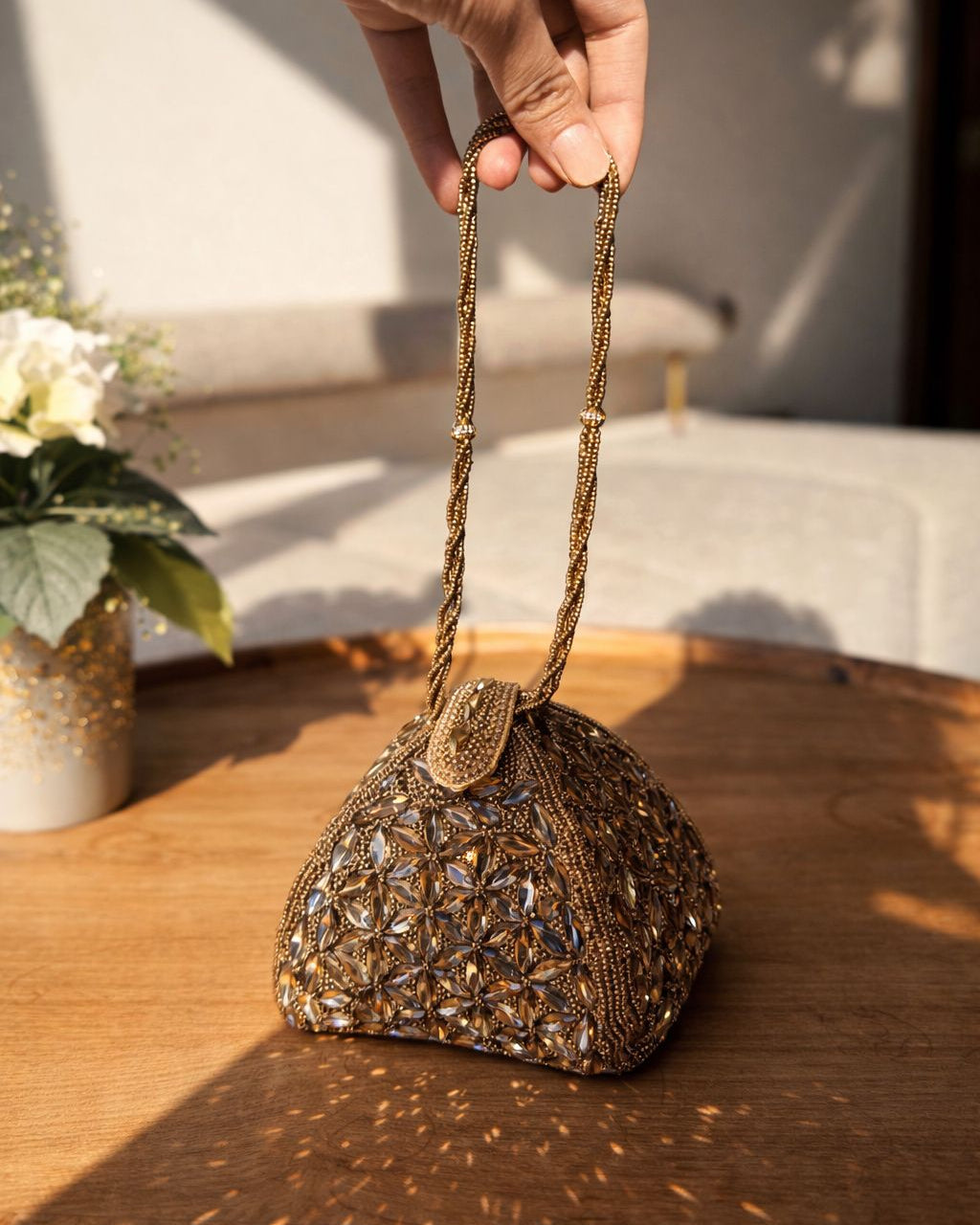 Luxury Crystal Embellished Potli Clutch with Beaded Handle
