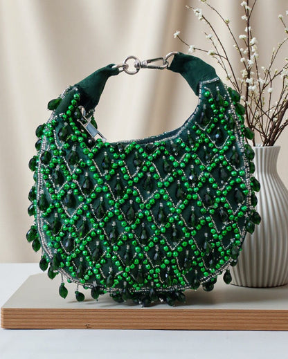 Luxury Hand-Embellished Crystal Potli Bag with Pearl & Bead Work – Designer Ethnic Clutch for Weddings & Festive Occasions