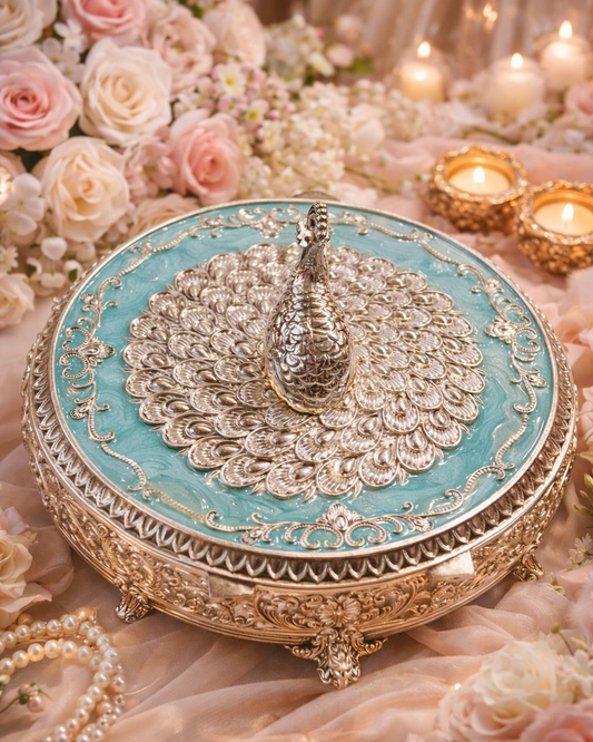 Pastel Luxury Peacock Platter for Wedding Décor | Premium Silver Enamel Serveware