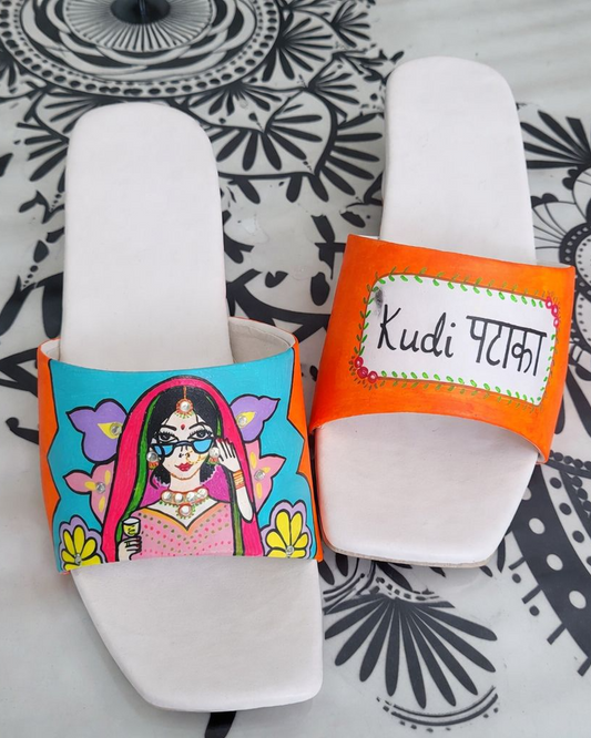 Custom Hand-Painted Punjabi Jutti Slides – Kudi Pataka Designer Heeled Sandals for Women