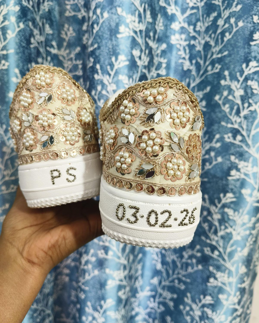 Personalized Pearl Embellished Bridal Sneakers with Date – Custom Wedding Shoes