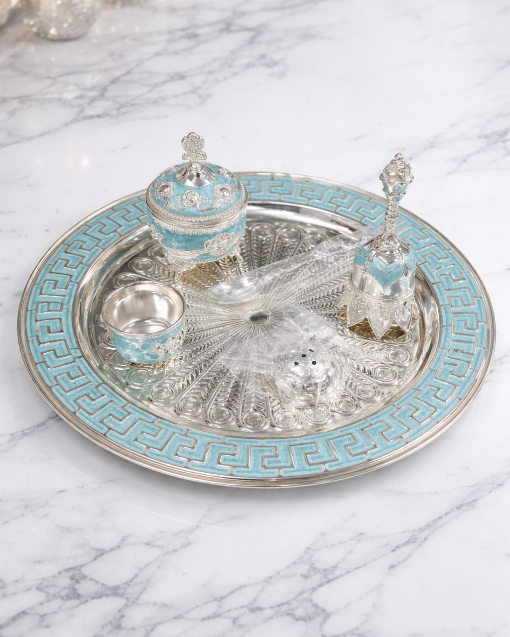 Premium Silver Turquoise Pooja Thali Set with Bell & Kumkum Box – Luxury Decorative Prayer Tray