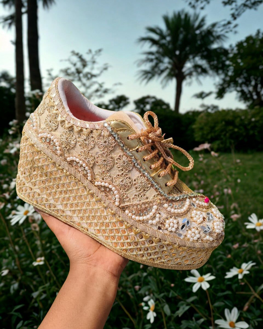 Gold Pearl Embellished Bridal Platform Sneakers – Designer Wedding Shoes