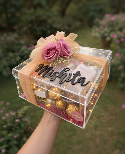 Personalized Acrylic Gift Box with Floral Top & Tulle Ribbon – Luxury Custom Name Gift Hamper