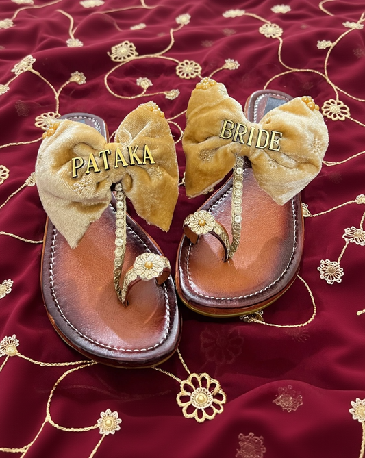 Pataka Bride Bridal Sandals – Custom Wedding Kolhapuri Flats with Velvet Bow for Bride