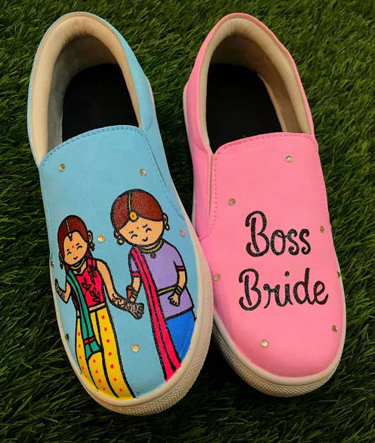 Boss Bride Custom Sneakers – Hand-Painted Bridal Shoes with Mehendi Ceremony Artwork