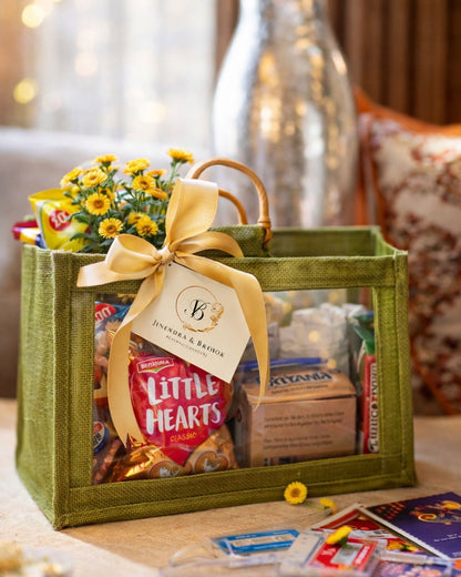 Premium Green Jute Gift Hamper Bag with Transparent Panels & Satin Bow – Elegant Luxury Gifting