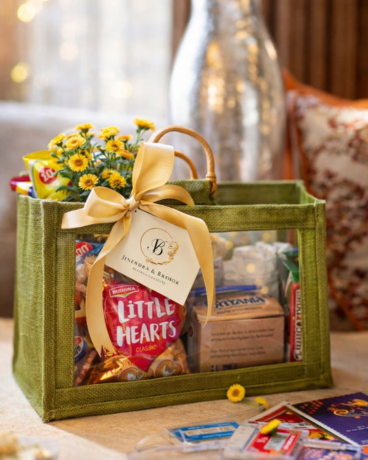 Premium Green Jute Gift Hamper Bag with Transparent Panels & Satin Bow – Elegant Luxury Gifting