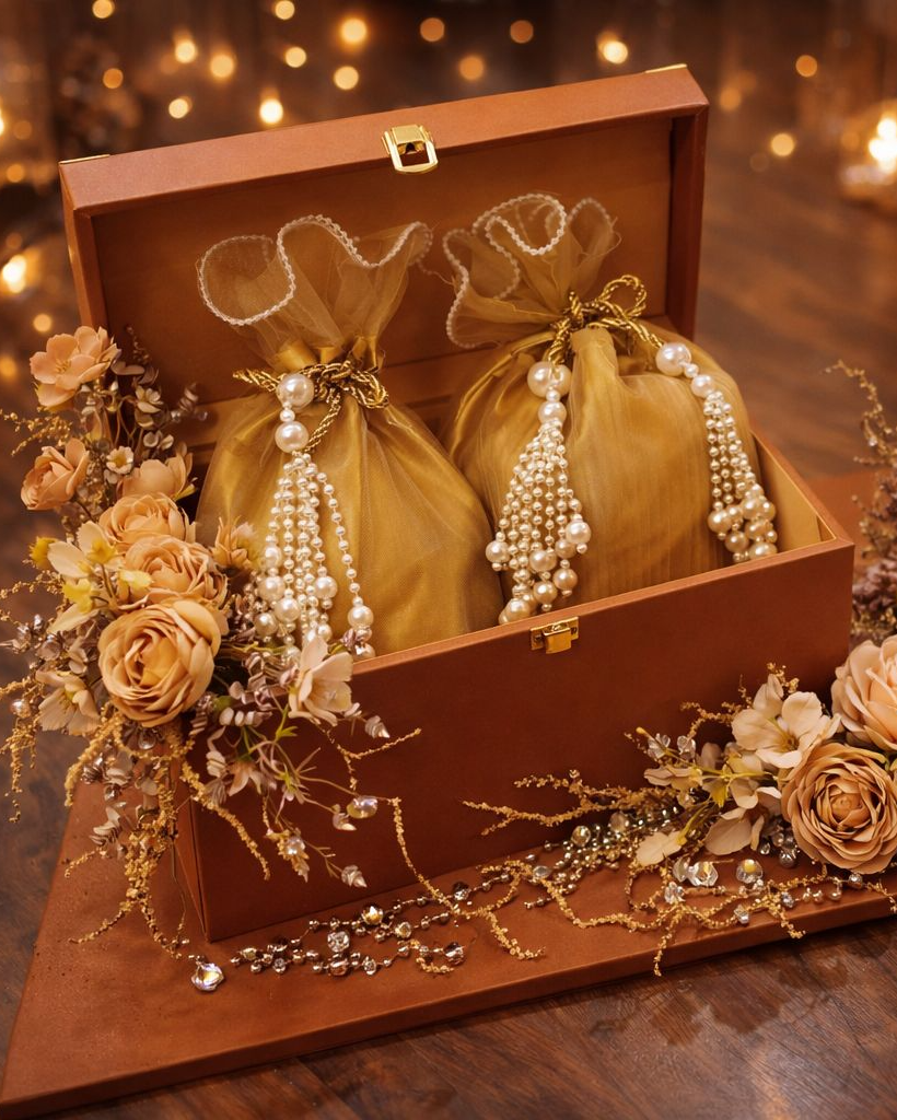 Luxury Burnt Orange Wedding Gift Box Set with Gold Organza Pouches & Pearl Tassels
