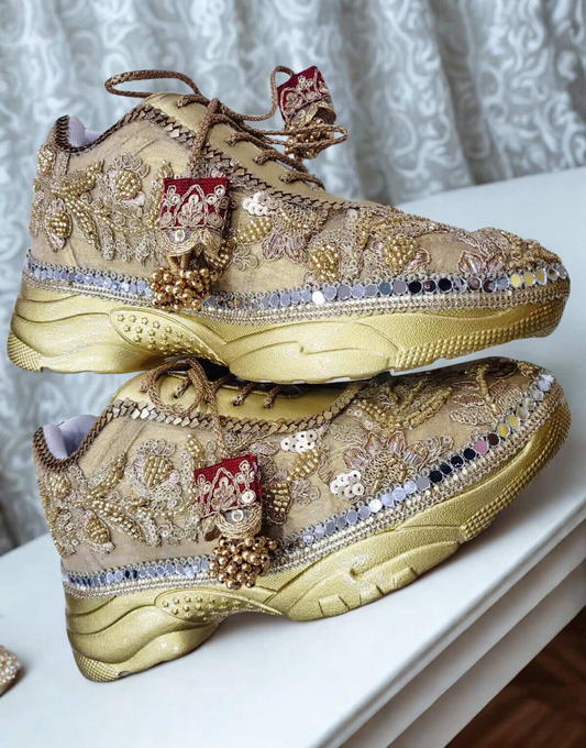 Gold Embroidered Bridal Sneakers with Mirror Work & Tassels – Luxury Wedding Shoes
