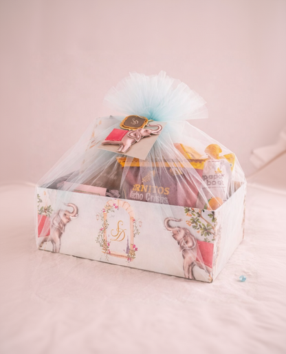 Personalized Elephant Theme Gift Hamper Box with Tulle Wrap – Luxury Baby Shower & Celebration Gift