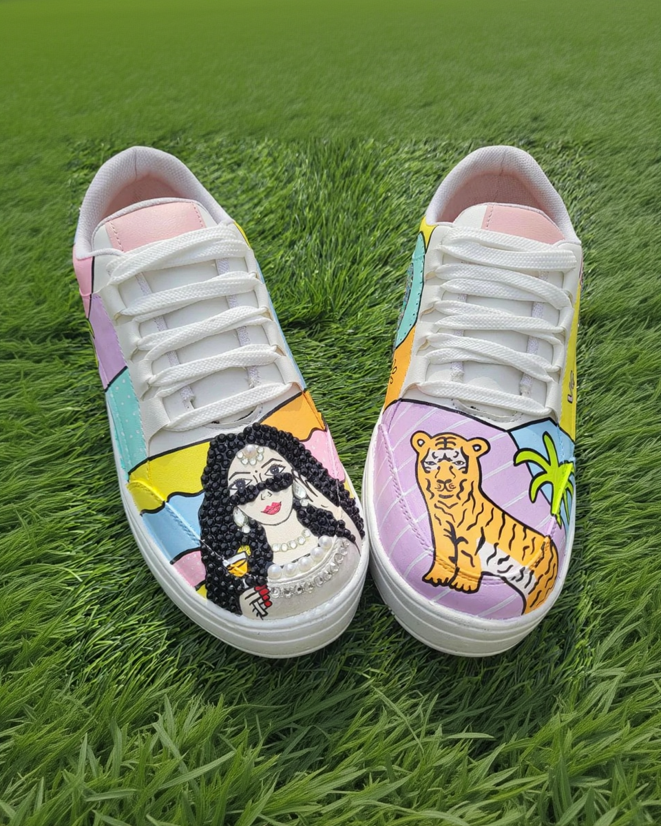 Custom Hand-Painted Artistic Sneakers – Multicolor Designer Shoes with Abstract & Illustrated Details