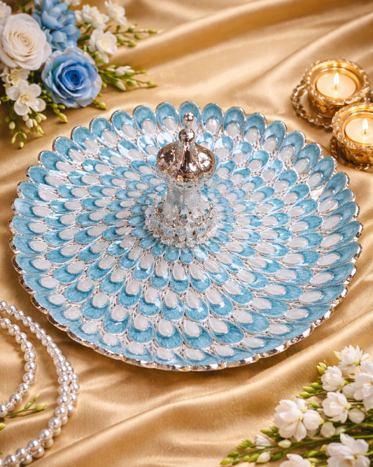 Luxury Silver Peacock Platter with Turquoise Enamel – Decorative Serving Tray & Centerpiece