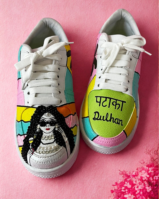 Custom Dulhan Sneakers – Hand-Painted Bridal Shoes with Punjabi “Pataka Dulhan” Design