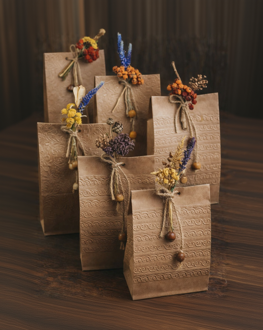 Rustic Kraft Paper Room Hamper Gift Bags with Dried Floral Décor – Elegant Edible Gift Packaging Set