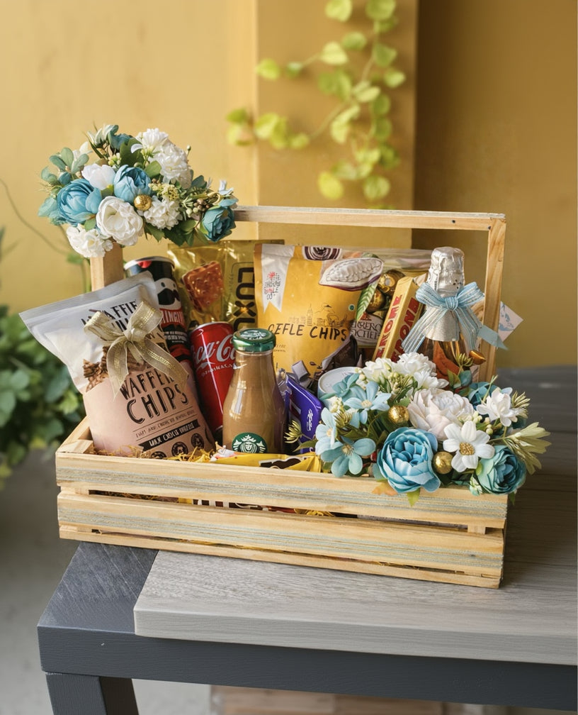 Premium Wooden Gift Crate Hamper with Floral Décor – Elegant Luxury Gifting & Decorative Basket