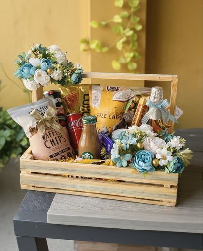Premium Wooden Gift Crate Hamper with Floral Décor – Elegant Luxury Gifting & Decorative Basket
