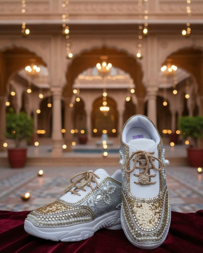 Luxury Gold & Pearl Bridal Sneakers – Designer Wedding Shoes