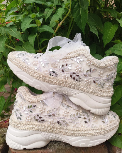 Ivory Pearl & Mirror Embellished Bridal Sneakers – Luxury Wedding Footwear