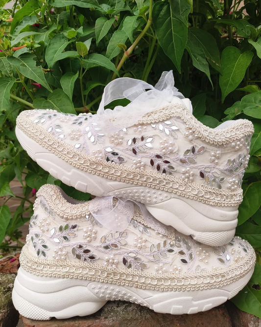 Ivory Pearl & Mirror Embellished Bridal Sneakers – Luxury Wedding Footwear