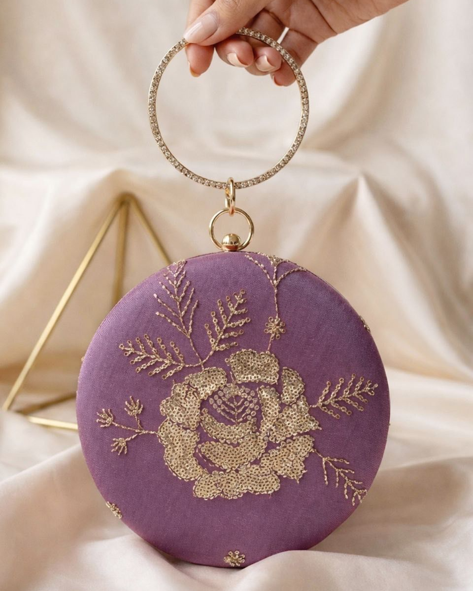 Elegant Floral Embroidered Round Clutch – Handcrafted Designer Evening Party Bag with Statement Handle