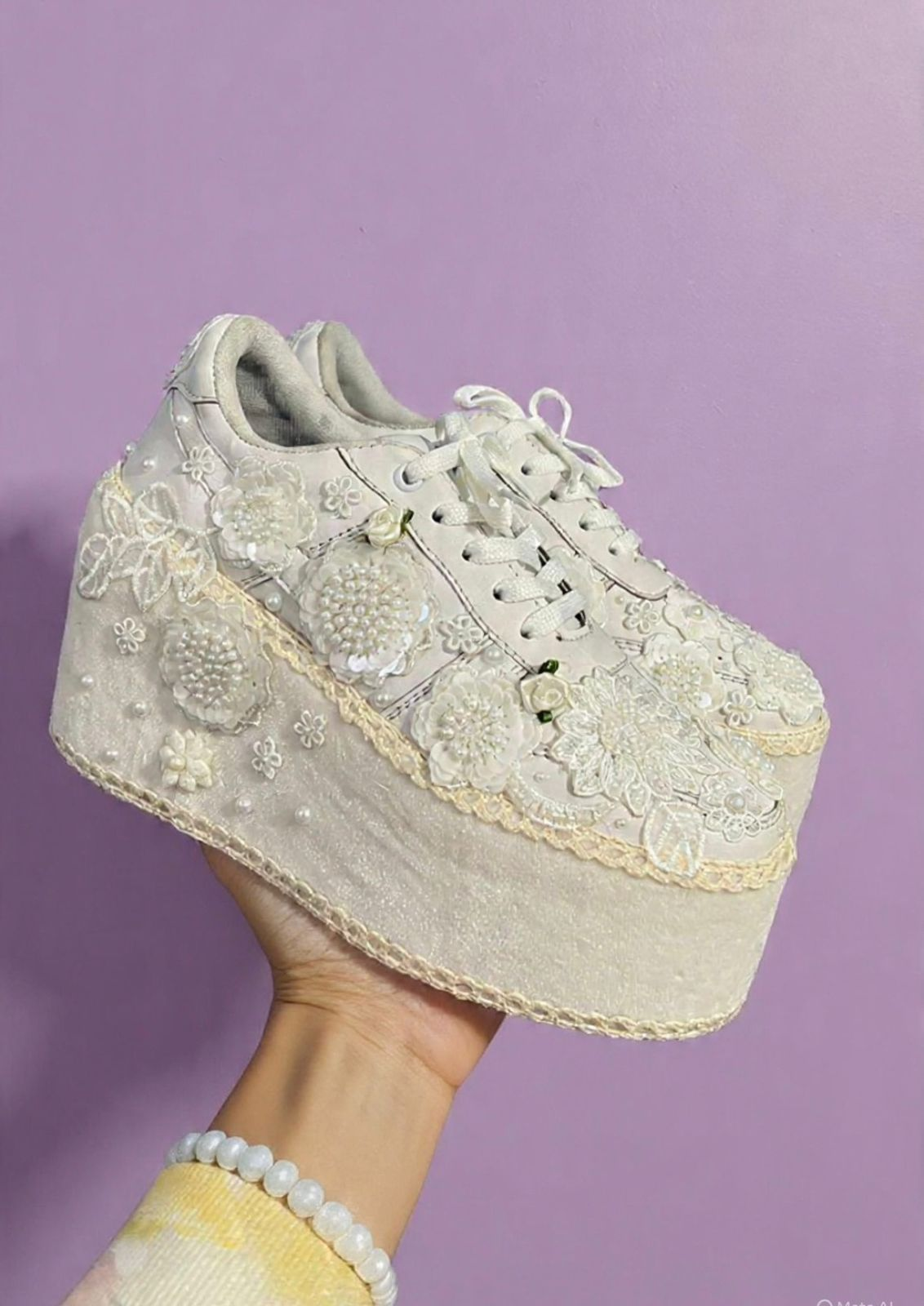 Ivory Floral Embellished Platform Sneakers – Pearl Bridal Wedge Shoes