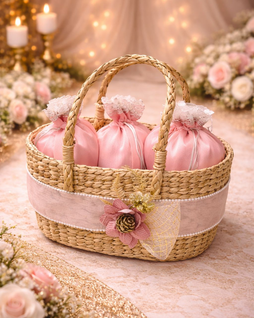 Luxury Pink Wedding Gift Basket with Satin Potli Bags – Elegant Bridal Favour Hamper