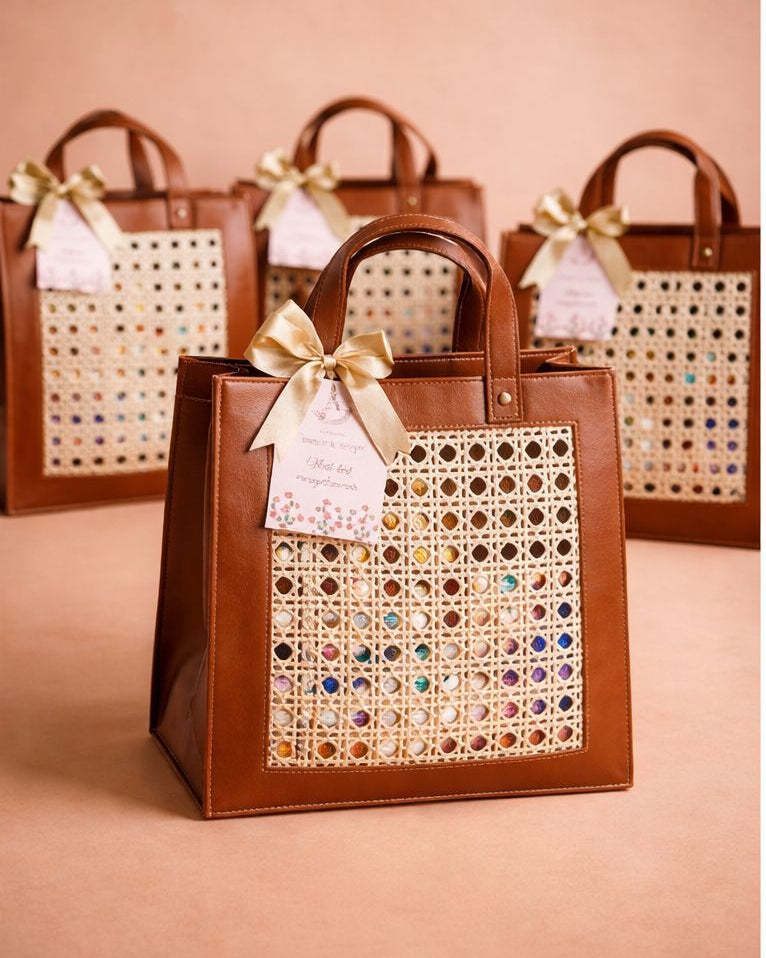 Luxury Cane Panel Leather Gift Bags for Premium Edible Hampers & Wedding Gifting