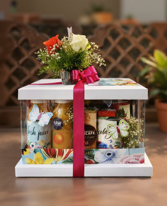 Elegant Transparent Gift Box Hamper with Floral Top & Satin Ribbon – Premium Luxury Gifting Presentation